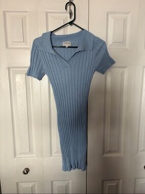 Pink Rose Light Blue Ribbed Knit Polo Midi Dress